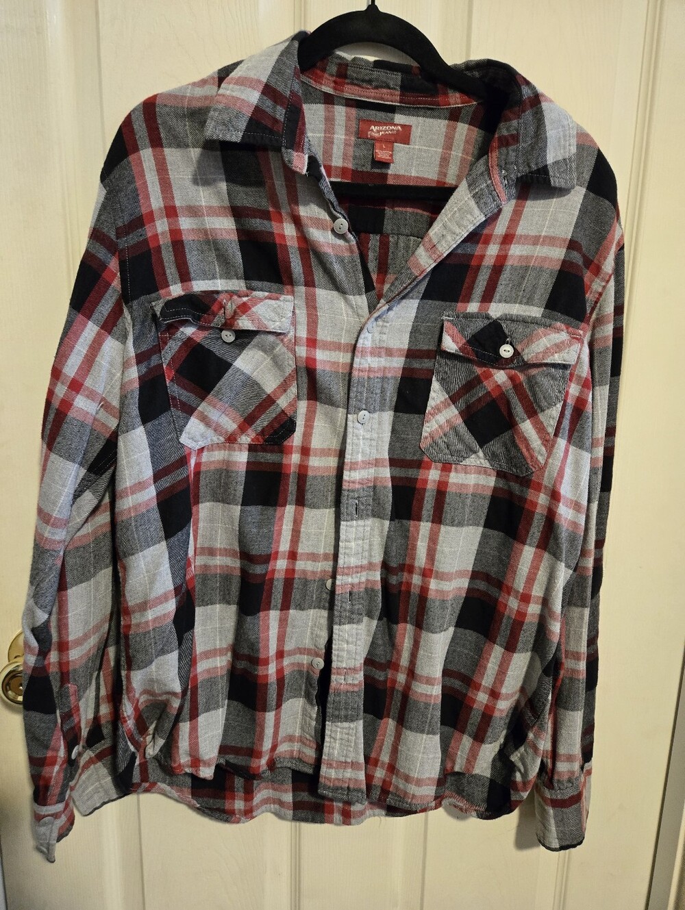 Arizona Jean Company Red, Black & Gray Plaid Button-Up Shirt